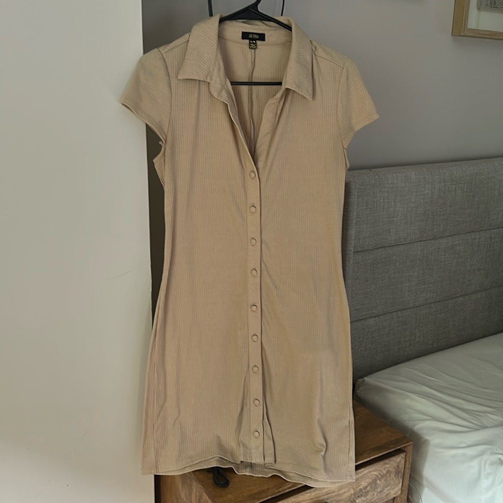 AFRM Rennia Rib knit Short Sleeve Button Front Dress in Shifting Sand size m